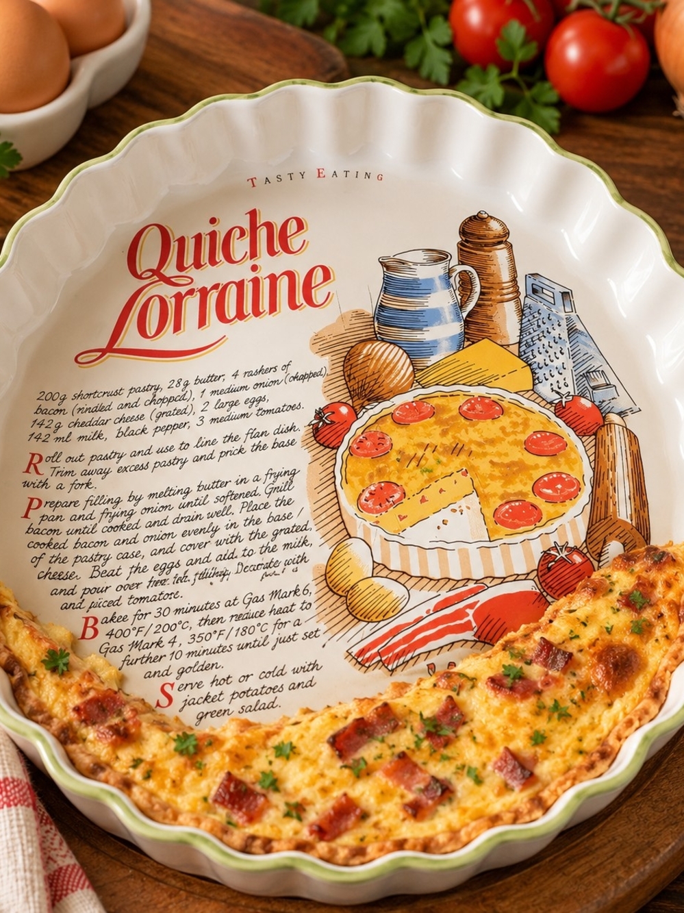 Vintage Rayware Quiche Lorraine Recipe Ceramic Baking Dish 10"